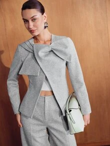 MOTF PREMIUM FASHIONABLE ELEGANT HIGH-END TWIST BOW LONG SLEEVE WOMEN'S BLAZER - Light Grey - View 5