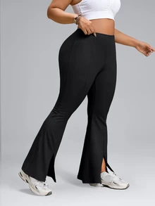 SHEIN Rhythm Era Women's Plus Size Solid Color High Waist Split Hem Casual Flare Leg Sports Pants Winter - Black - View 4