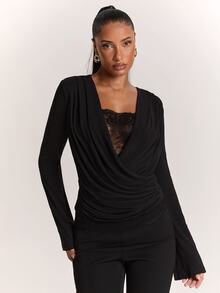 SHEIN BAE Women's Black Sexy Bell Sleeve Lace Patchwork Top - Black - View 6