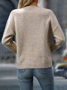 EMERY ROSE Women's Casual Solid Color Drop Shoulder Long Sleeve Loose V-Neck Sweater, Autumn/Winter Knit Pullover Fall - Khaki - View 2