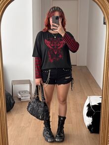 SHEIN CURVE+ تي شيرت مقاس كبير كاجوال خريفي مخطط مع رقعة وطبعة أجنحة 2 في 1 للهالوين والخريف - متعدد الألوان - مشاهدة 3