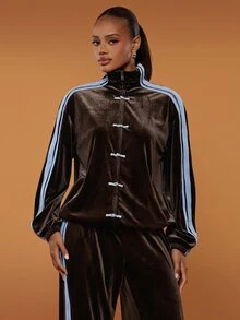 Hauture Women's Sexy Casual Velvet Pankou Button Color Blocked Woven Ribbon Front Zip-Up Jacket - Brown - View 2