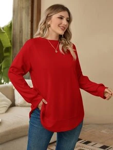EMERY ROSE Plus Size Women's Solid Color Round Neck Long Sleeve Casual Loose Sweatshirt, Winter,New Year Fall - Red - View 3