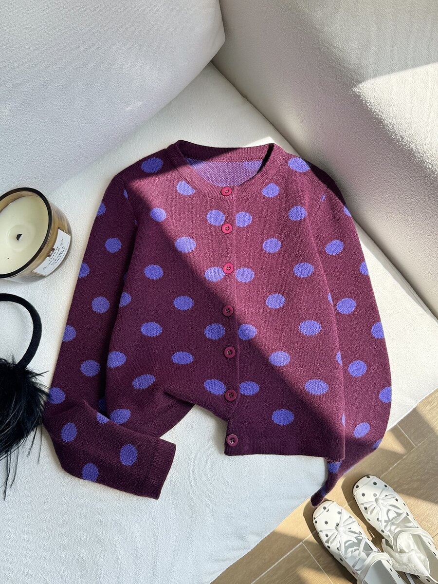 Tween Girl Polka Dot Long Sleeve Single-Breasted Casual Knit Cardigan - Multicolor - View 1