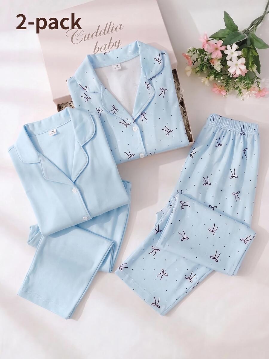 2件組女童休閒簡約可愛棕色波點蝴蝶結印花長袖開襟衫與長褲家居睡衣,慵懶居家風,秋冬款 - 藍色 - 查看 1