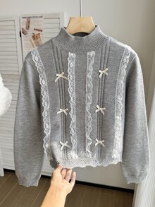 Tween Girl Contrast Lace Bow Decor Long Sleeve Sweater - Light Grey - View 4