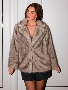 Allurite Light Gray Two-Tone Faux Fur Lapel Mid-Length Coat - Light Grey - View 5