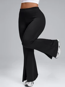 SHEIN Rhythm Era Women's Plus Size Solid Color High Waist Split Hem Casual Flare Leg Sports Pants Winter - Black - View 5
