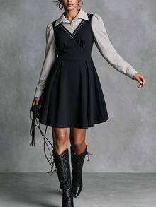 Ceyna Plus Size Women's French Casual Elegant Striped Patchwork Long Sleeve Dress, Autumn/Winter Fall - Black and White - View 1