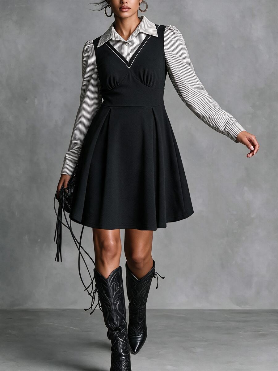Ceyna Plus Size Women's French Casual Elegant Striped Patchwork Long Sleeve Dress, Autumn/Winter Fall - Black and White - View 1
