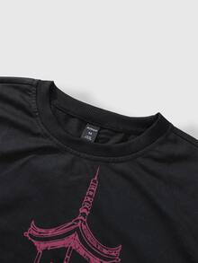 ROMWE MEN Men's Crew Neck Casual Architectural Print Long Sleeve T-Shirt - Black - View 3