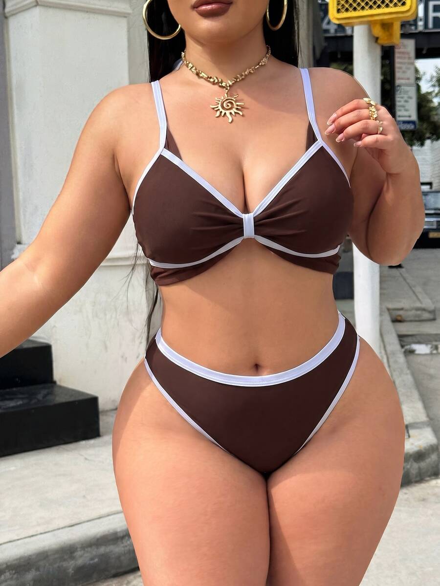 Swim SXY Plus Size Women Summer Beach Color Block Halter Tie Sexy Bikini And Triangle Bottom Two-Piece Swimsuit Set - Brown - View 1