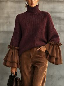 Balvessa 女款粗針螺紋高領寬鬆套頭毛衣，拼接雙層荷葉邊喇叭袖口與蝙蝠袖設計 - 彩色 - 查看 5