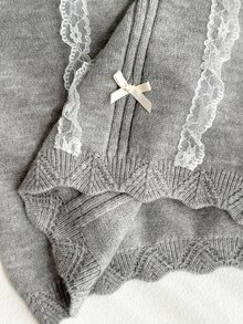 Tween Girl Contrast Lace Bow Decor Long Sleeve Sweater - Light Grey - View 7