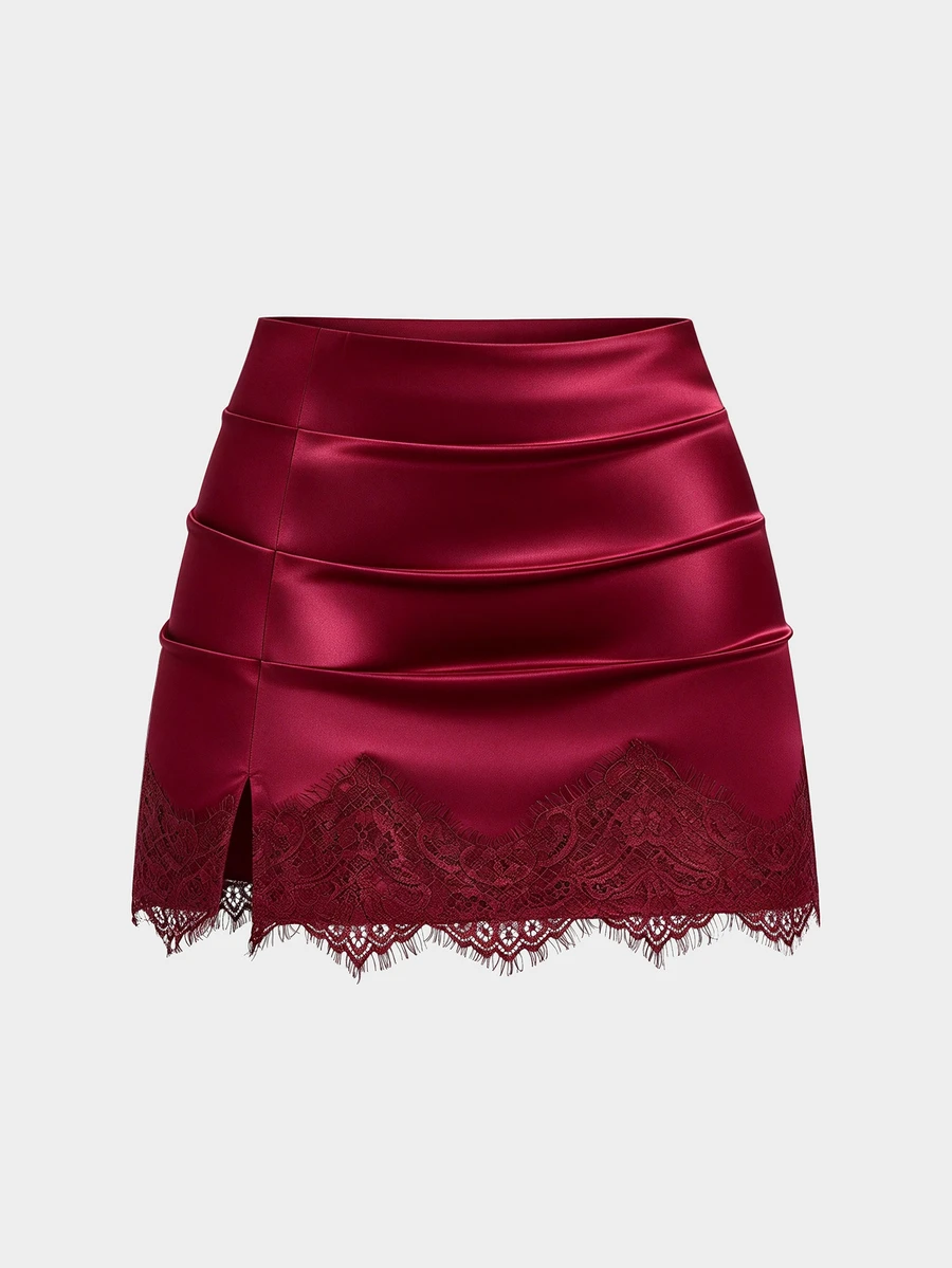 Sweetra French Style Minimalist Sexy Sweet Lace Pleated Elegant Bodycon Short Skirt For Women Plus Size Fall - Burgundy - View 1