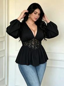 Vibekara Plus Size V-Neck Petal Sleeve Blouse, Lace Patchwork Waist Ruffle Hem, Slimming Sexy Short Shirt - Black - View 6
