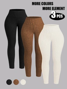 INAWLY 3 Pieces Set: Plus Size Solid Color Ribbed Fleece Leggings Fall Winter - Multicolor - View 3