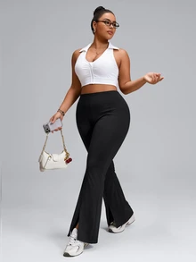 SHEIN Rhythm Era Women's Plus Size Solid Color High Waist Split Hem Casual Flare Leg Sports Pants Winter - Black - View 2