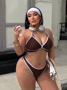 Swim SXY Plus Size Women Summer Beach Color Block Halter Tie Sexy Bikini And Triangle Bottom Two-Piece Swimsuit Set - Brown - View 1