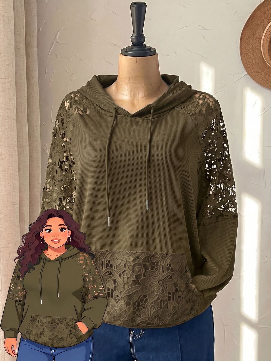 Rusticease Sweatshirt Ukuran Besar Warna Polos dengan Patchwork Renda untuk Musim Gugur, Acara Malam Formal, Pesta Malam, Kasual Elegan, Warna Hitam, Cocok untuk Halloween - Olive Green - View 1