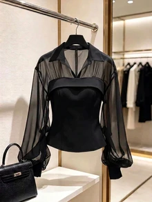 GlowEve Winter Women's Mesh Patchwork Casual Daily Wear Shirt - Black - View 4