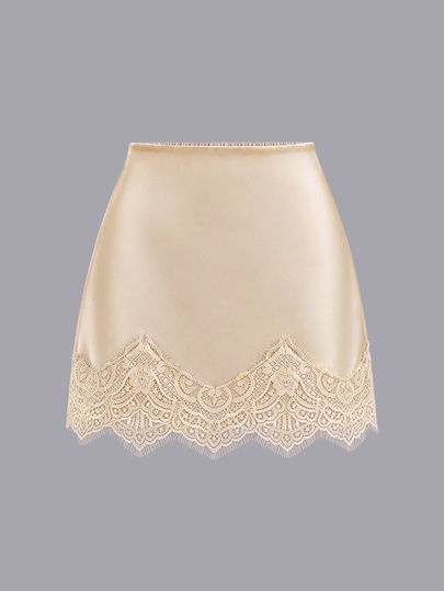 Sweetra Elegant French Vintage Apricot Satin Lace Patchwork Casual Skirt, Fashionable New Bodycon Short Sexy Plus Size Women's Skirt