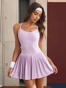 CourtClass Women's Criss-Cross Back Strap Sports Dress With Shorts - Purple - View 3