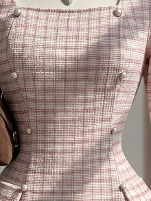 Fine & Folde Square Neck Symmetrical Double-Breasted Design Waist-Cinching Dress Suitable For Casual, Dating And Vacation - Pink - View 4