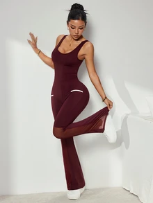 Slayform Women's Colorblock Back Cutout Sleeveless Flared Leg Jumpsuit - Burgundy - View 5