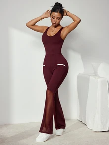 Slayform Women's Colorblock Back Cutout Sleeveless Flared Leg Jumpsuit - Burgundy - View 4