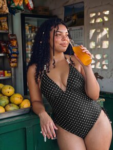 Swim Chiccia Plus Size Women's Polka Dot Halter One-Piece Swimsuit, Suitable For Beach Vacation, Pool Party, Beach Party - Black - View 1