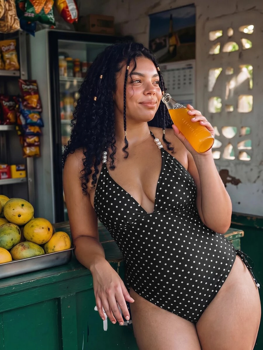 Swim Chiccia Plus Size Women's Polka Dot Halter One-Piece Swimsuit, Suitable For Beach Vacation, Pool Party, Beach Party - Black - View 1