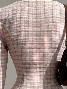 Fine & Folde Square Neck Symmetrical Double-Breasted Design Waist-Cinching Dress Suitable For Casual, Dating And Vacation - Pink - View 5