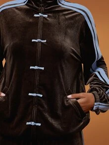 Hauture Women's Sexy Casual Velvet Pankou Button Color Blocked Woven Ribbon Front Zip-Up Jacket - Brown - View 5