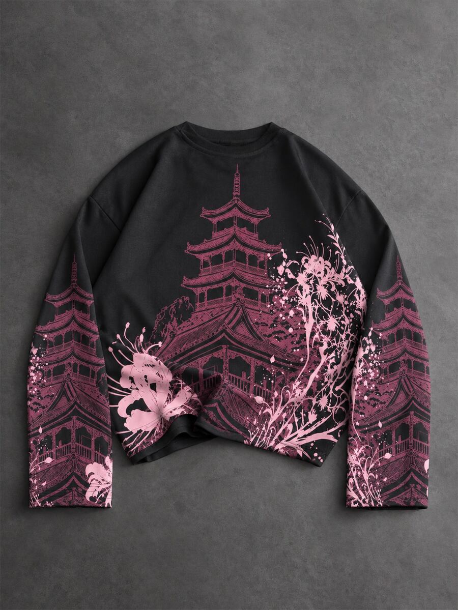 ROMWE MEN Men's Crew Neck Casual Architectural Print Long Sleeve T-Shirt - Black - View 1