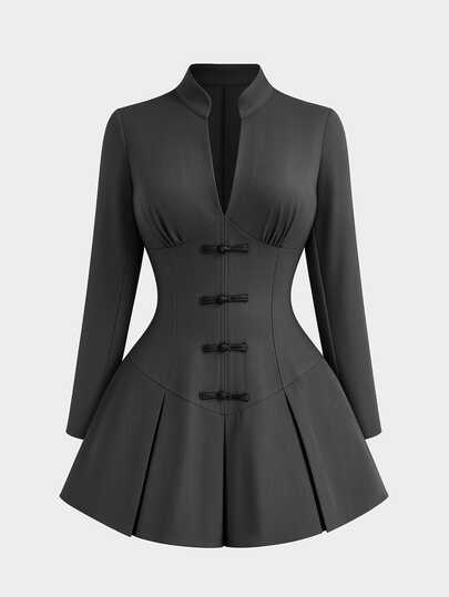 Sweetra CURVE Women's Plus Size New Chinese Style Stand Collar Frog Button Cinched Waist Pleated Short Long Sleeve Dress