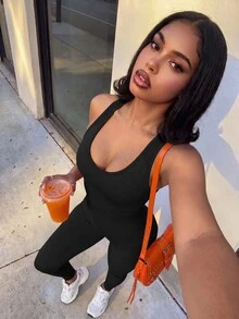 SHEIN Core Rhythm Solid Color Sleeveless Fitted Athletic Jumpsuit - Black - View 5