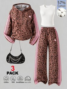 SHEIN 3件組女孩青少年休閒套裝，秋季穿搭，秋季上衣，白色連帽長袖拉鍊運動衫，馬匹圖案 - 彩色 - 查看 3