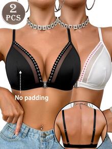 SHEIN 2pcs/Set Women's Wireless Non-Padded Front Closure Bra - Multicolor - View 1