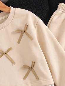 SHEIN Young Girl Apricot Fleece Lined 2pcs Set, Bow Decor 2-In-1 Stripe Hem Sweatshirt & Wide Leg Pants For Fall Winter - Apricot - View 6