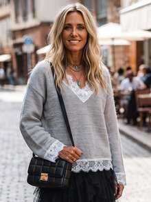 LanaWest Women's Elegant Romantic V-Neck Lace Patchwork Sweater - Multicolor - View 5