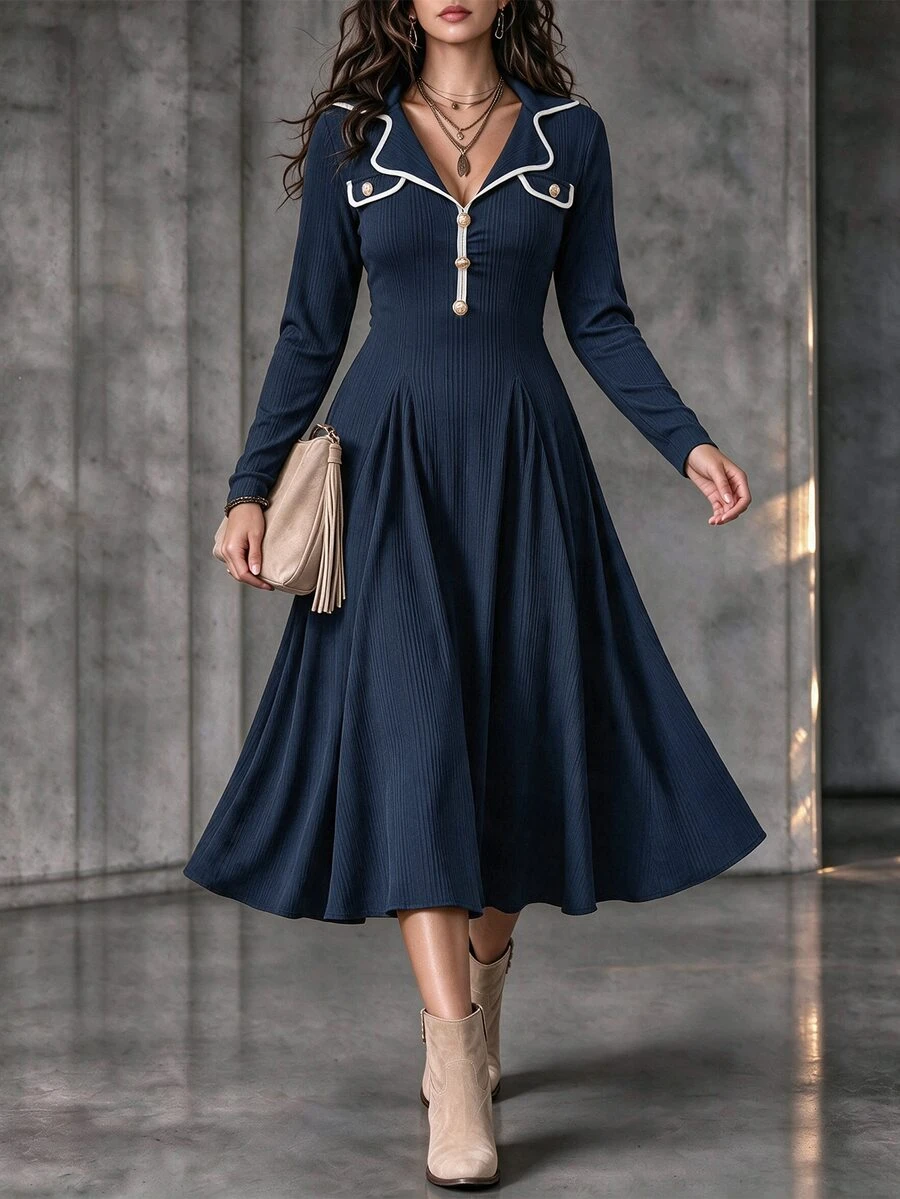 Ceyna Plus Size Women's French Casual Elegant Autumn/Winter Long Sleeve Dress Fall - Navy Blue - View 1