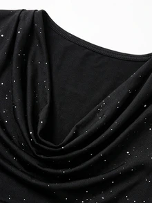 GlowEve Women's Solid Color Cowl Neck Sequin Contrast Lace Asymmetric Hem Elegant Midi Dress - Black - View 3