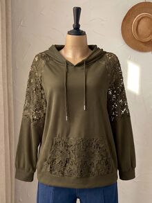 Rusticease Sweatshirt Ukuran Besar Warna Polos dengan Patchwork Renda untuk Musim Gugur, Acara Malam Formal, Pesta Malam, Kasual Elegan, Warna Hitam, Cocok untuk Halloween - Olive Green - View 4