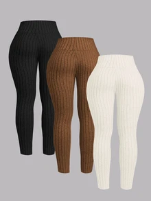 INAWLY 3 Pieces Set: Plus Size Solid Color Ribbed Fleece Leggings Fall Winter - Multicolor - View 2