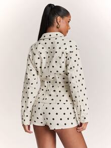 SHEIN BAE Women's Polka Dot Long Sleeve Denim Jacket And Shorts Casual Set - Black and White - View 2