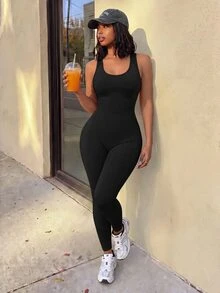 SHEIN Core Rhythm Solid Color Sleeveless Fitted Athletic Jumpsuit - Black - View 3