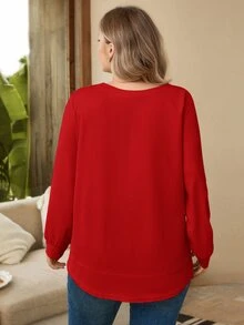 EMERY ROSE Plus Size Women's Solid Color Round Neck Long Sleeve Casual Loose Sweatshirt, Winter,New Year Fall - Red - View 2