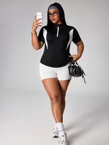 Easithlete Plus Size Sports T-Shirt Half-Zip Stand Collar Micro Hoodie Short Fitted Raglan Short Sleeve - Black - View 6