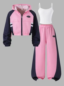 SHEIN 青少年女孩秋季套裝 3件/套，連帽長袖開襟短版拉鍊夾克，白色滾邊與織帶飾邊 - 彩色 - 查看 5
